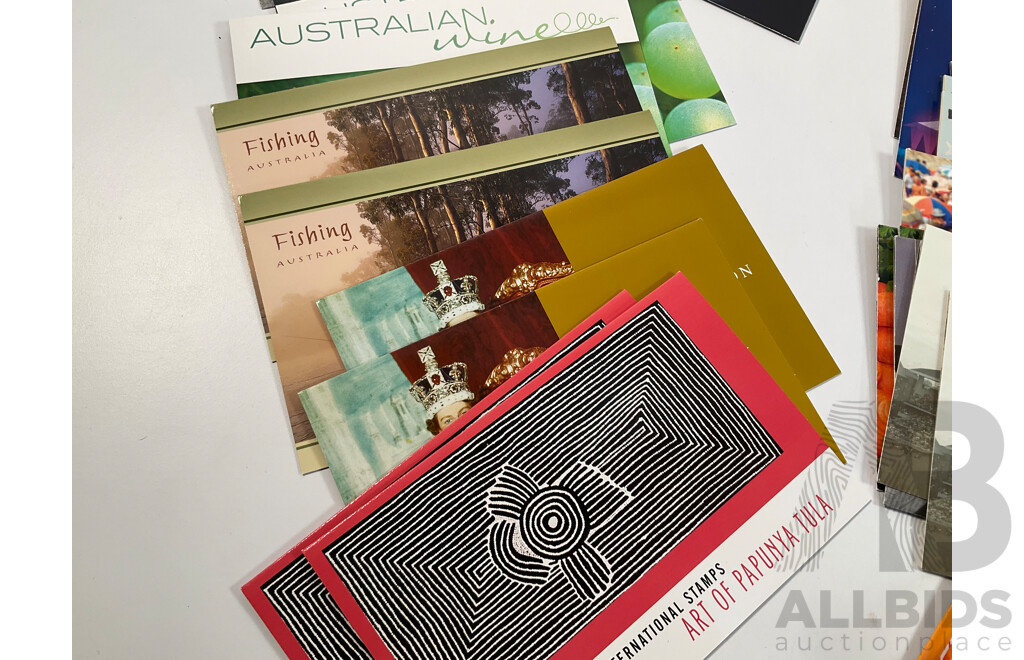 Sixty Seven Australian Stamp Packs Including Treasures From the Archives Five Dollar, Extreme Sports, Australian Impressions, Australia 50 Years of Television, Driving Through the Years, Many Doubles - Face Value Over $244