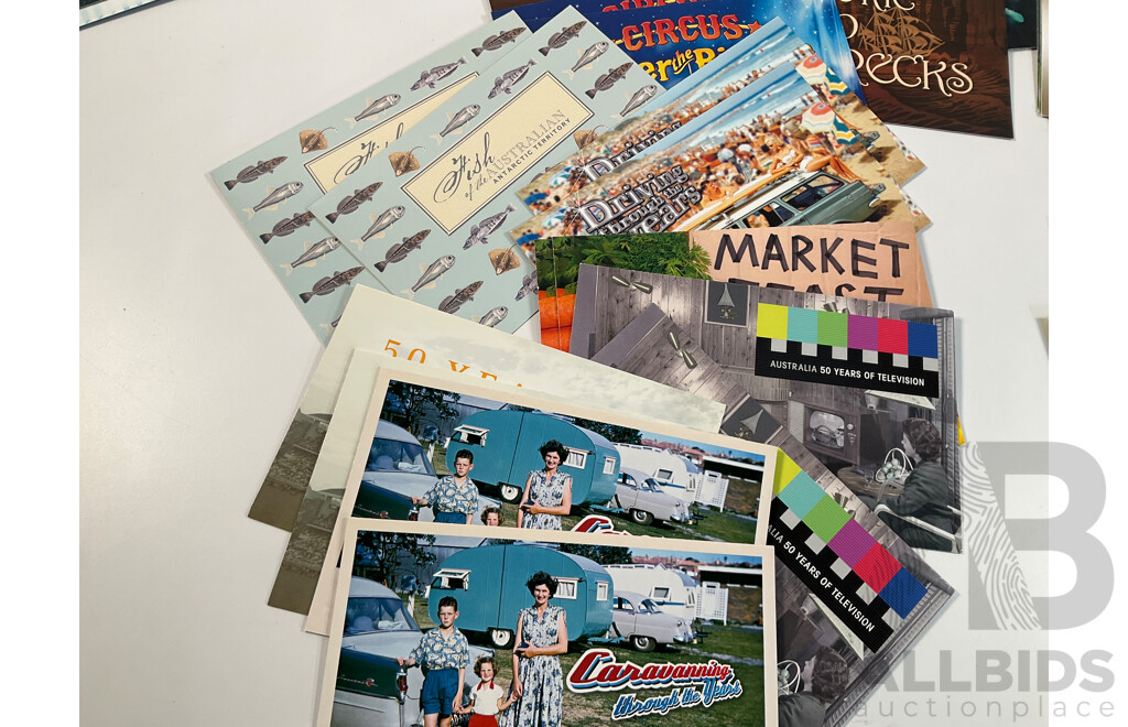 Sixty Seven Australian Stamp Packs Including Treasures From the Archives Five Dollar, Extreme Sports, Australian Impressions, Australia 50 Years of Television, Driving Through the Years, Many Doubles - Face Value Over $244