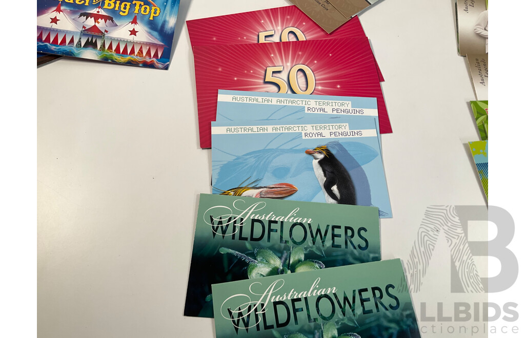 Sixty Seven Australian Stamp Packs Including Treasures From the Archives Five Dollar, Extreme Sports, Australian Impressions, Australia 50 Years of Television, Driving Through the Years, Many Doubles - Face Value Over $244