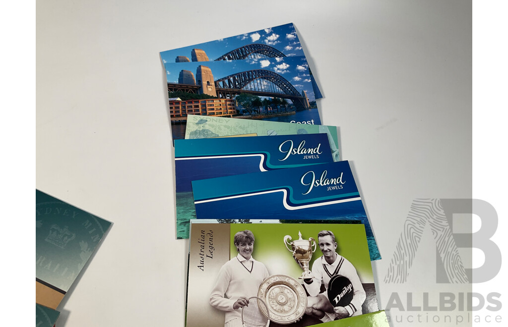 Sixty Seven Australian Stamp Packs Including Treasures From the Archives Five Dollar, Extreme Sports, Australian Impressions, Australia 50 Years of Television, Driving Through the Years, Many Doubles - Face Value Over $244