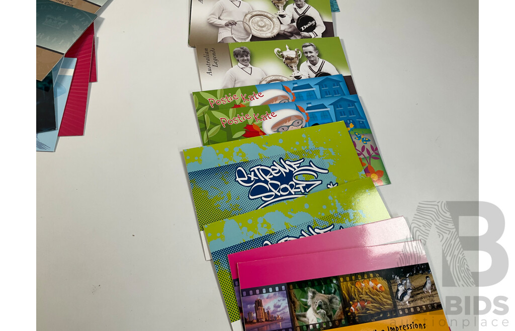 Sixty Seven Australian Stamp Packs Including Treasures From the Archives Five Dollar, Extreme Sports, Australian Impressions, Australia 50 Years of Television, Driving Through the Years, Many Doubles - Face Value Over $244