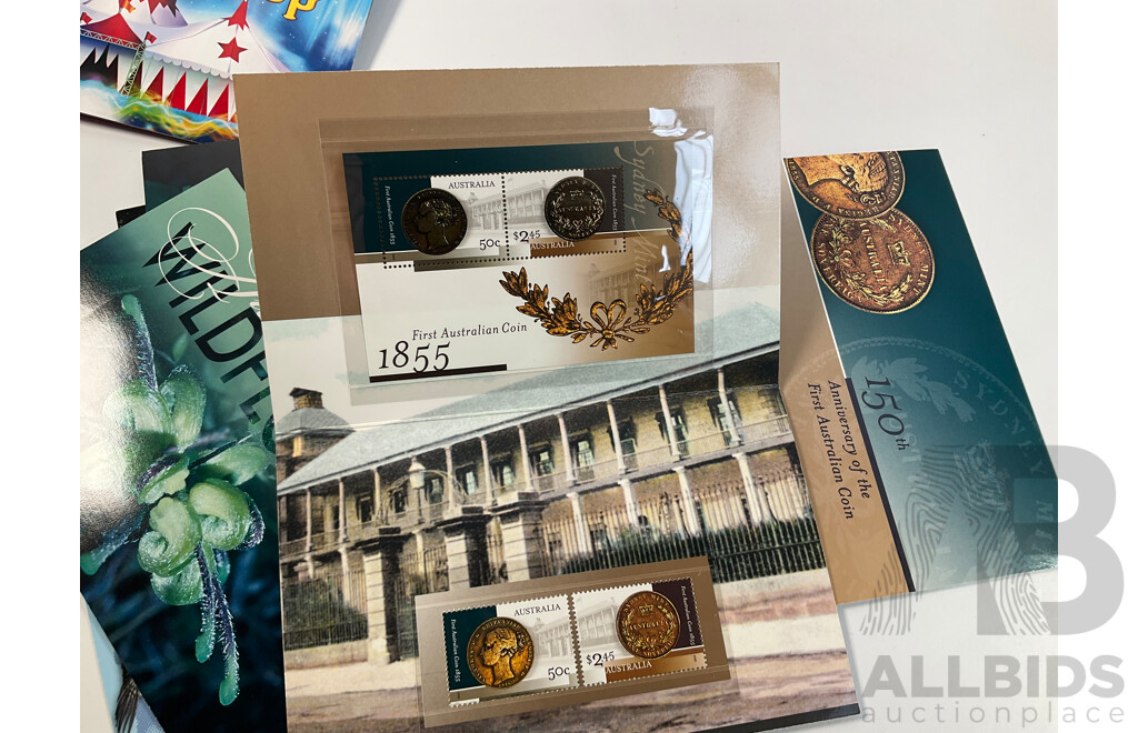 Sixty Seven Australian Stamp Packs Including Treasures From the Archives Five Dollar, Extreme Sports, Australian Impressions, Australia 50 Years of Television, Driving Through the Years, Many Doubles - Face Value Over $244