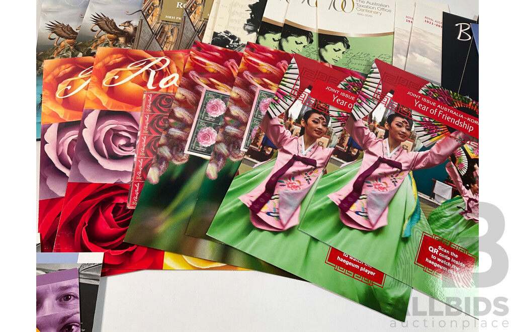 Forty Australian Mint Stamp Mini Sheets Including Special Occasions, Rising Sun, ANZUS, Mythical Creatures in 3D, QE2 Birthday 2005, Dame Nellie Melba, Mostly Doubles - Fave Value Over $217