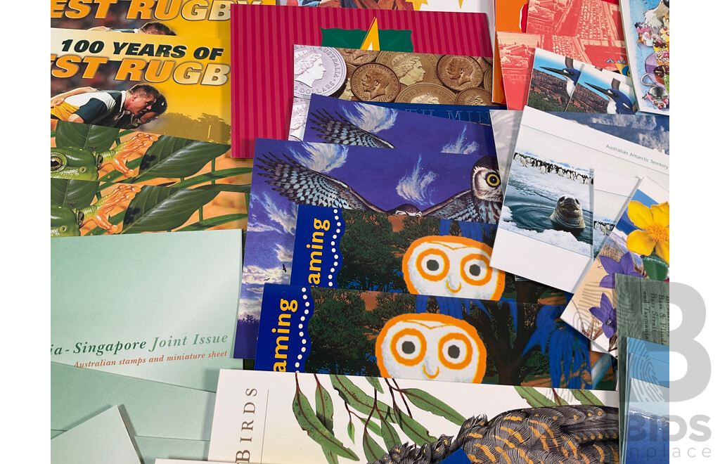 Sixty Five Australian Mint Stamp Packs Including Joint Issues, 100 Years Test Rugby, Perth Mint Centenary, Endangered Birds and More, Face Value Approximately $180