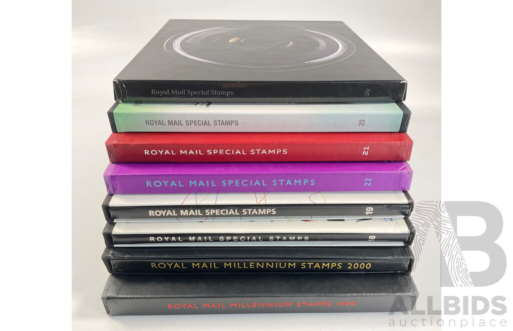 Eight United Kingdom Royal Mail Mint Stamp Albums, Special Stamps, Millennium Stamps Including 1999, 2000, 2001, 2002, 2003, 2004, 2005, 2012