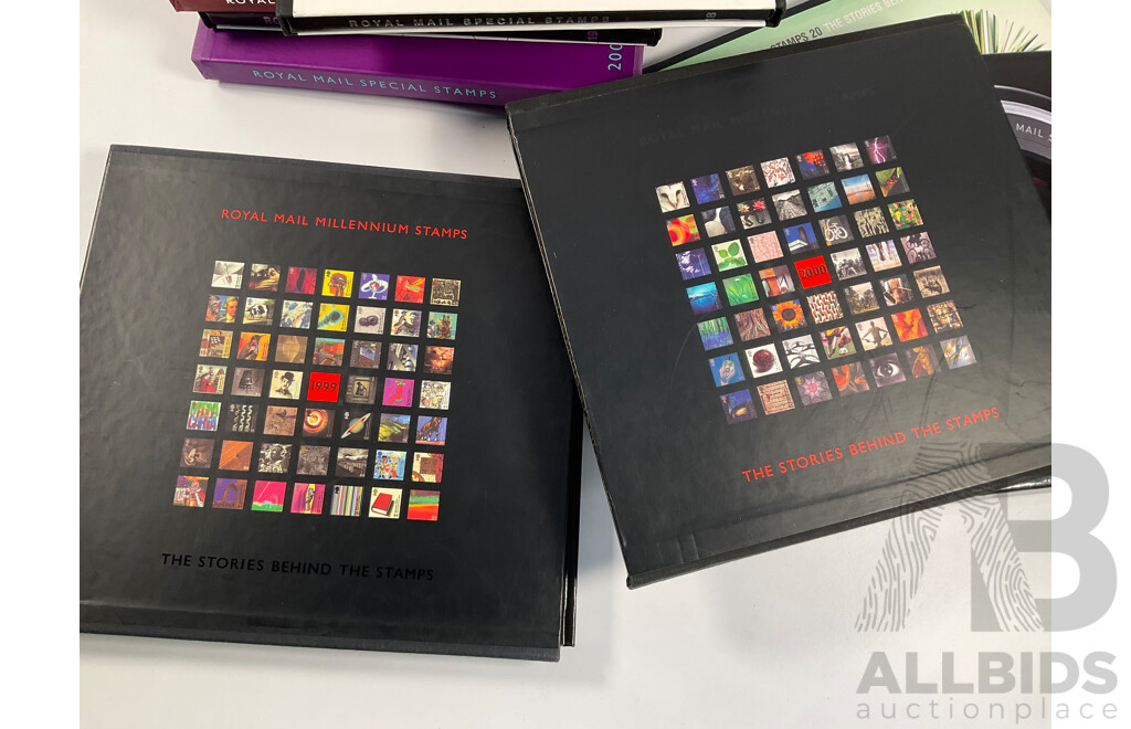 Eight United Kingdom Royal Mail Mint Stamp Albums, Special Stamps, Millennium Stamps Including 1999, 2000, 2001, 2002, 2003, 2004, 2005, 2012