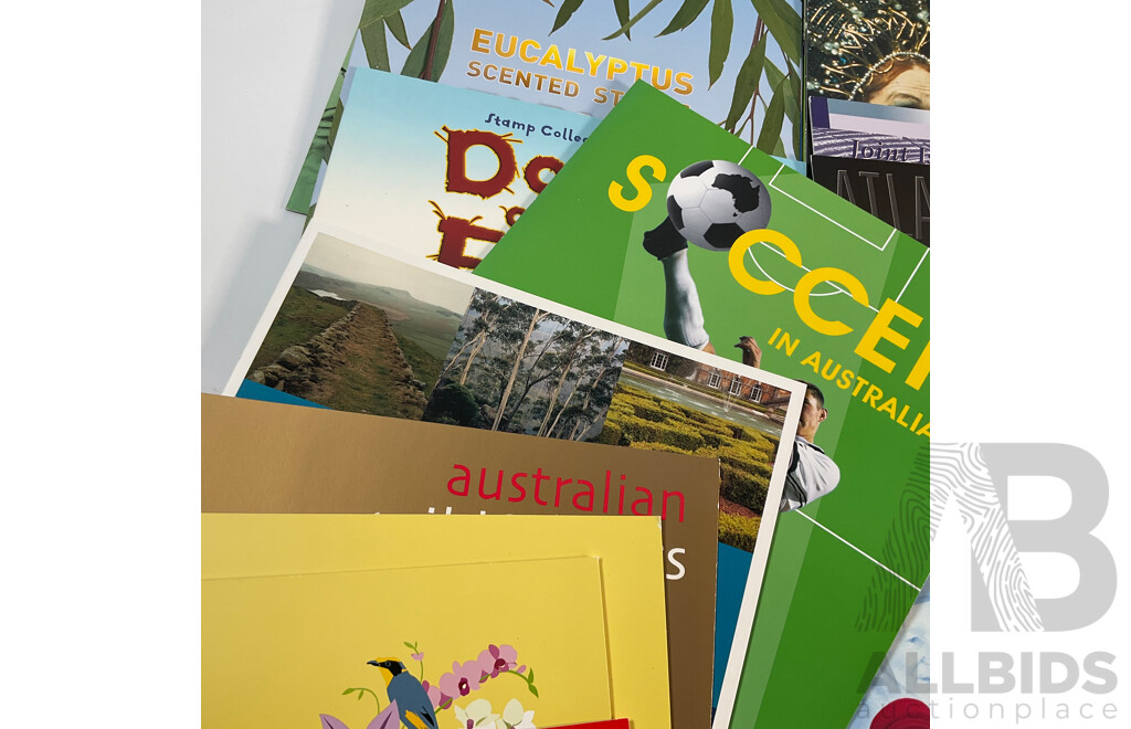 Forty Three Australian Mint Stamp Packs Including Captain Cook, QE2, Rock Posters, Navy, Australian Legends, Blooms, Farewell Frama, Cats & Dogs, Down on the Farm and More Face Value Approximately $250