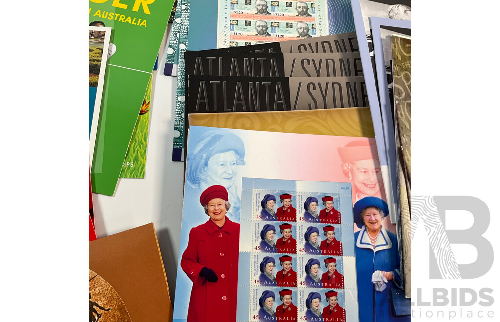 Forty Three Australian Mint Stamp Packs Including Captain Cook, QE2, Rock Posters, Navy, Australian Legends, Blooms, Farewell Frama, Cats & Dogs, Down on the Farm and More Face Value Approximately $250