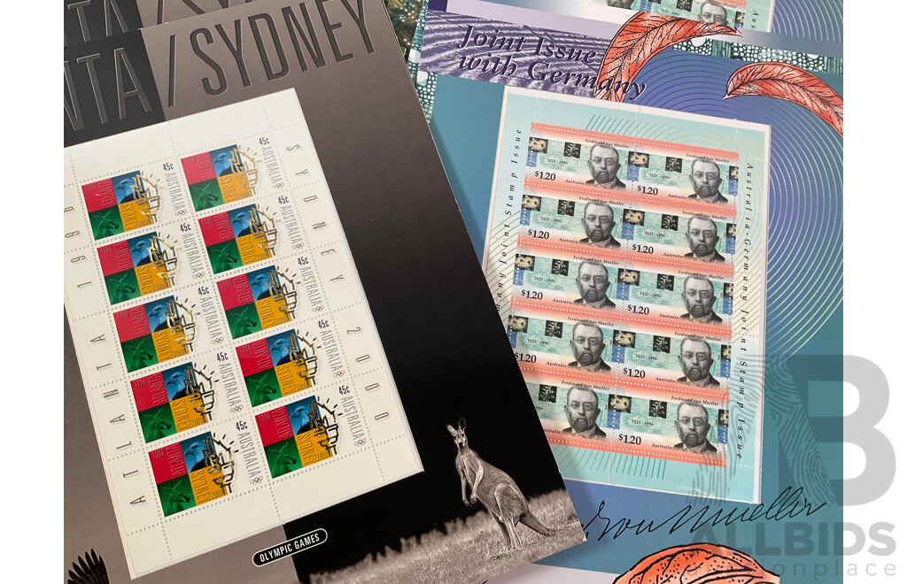 Forty Three Australian Mint Stamp Packs Including Captain Cook, QE2, Rock Posters, Navy, Australian Legends, Blooms, Farewell Frama, Cats & Dogs, Down on the Farm and More Face Value Approximately $250