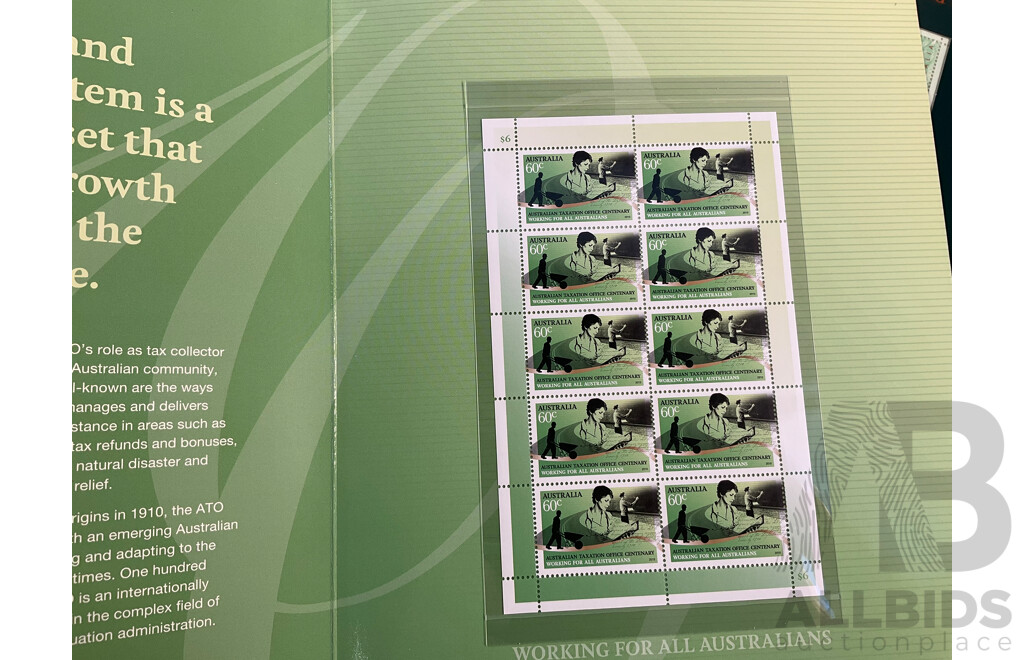Forty Three Australian Mint Stamp Packs Including Captain Cook, QE2, Rock Posters, Navy, Australian Legends, Blooms, Farewell Frama, Cats & Dogs, Down on the Farm and More Face Value Approximately $250