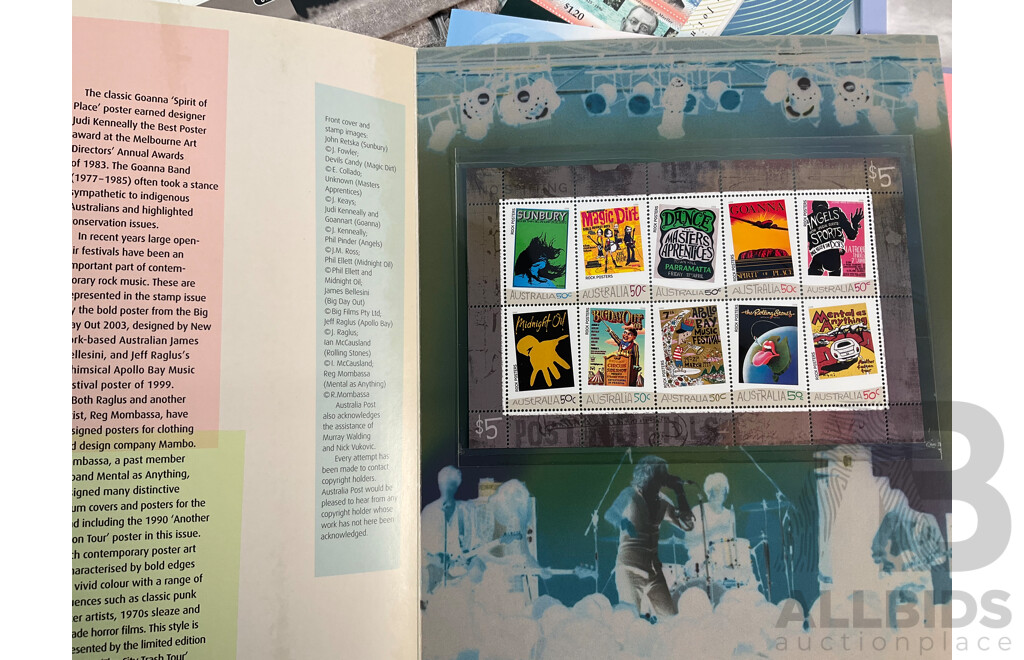 Forty Three Australian Mint Stamp Packs Including Captain Cook, QE2, Rock Posters, Navy, Australian Legends, Blooms, Farewell Frama, Cats & Dogs, Down on the Farm and More Face Value Approximately $250