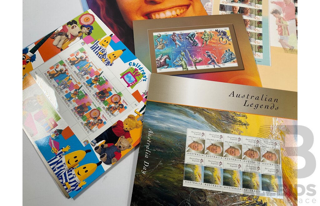 Collection of Australian 2000's Mint Stamp Mini Sheets Including Dolls & Bears, QE2 75th Birthay, Sydney Olympics, Children's TV and More - Face Value Over $165
