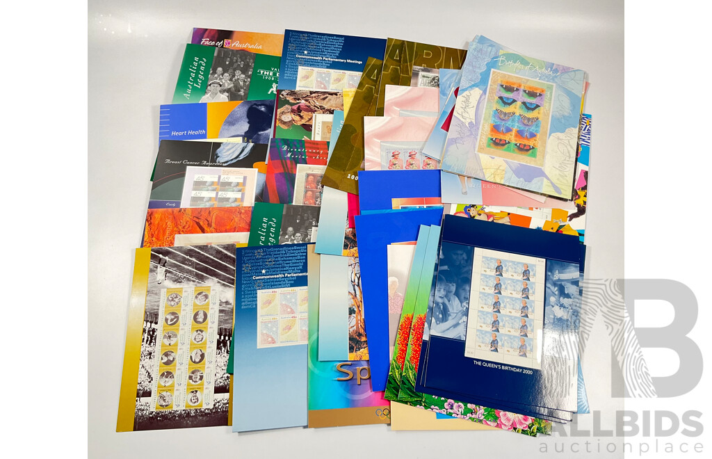 Collection of Australian Stamp Packs Including Children's TV, Sydney 2000, Gardens, Queens Birthday 2000, Australian Legends and More Face Value Approximately $175