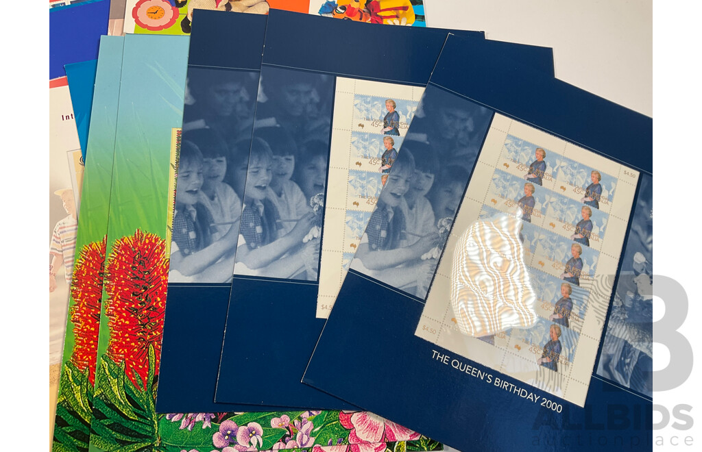 Collection of Australian Stamp Packs Including Children's TV, Sydney 2000, Gardens, Queens Birthday 2000, Australian Legends and More Face Value Approximately $175