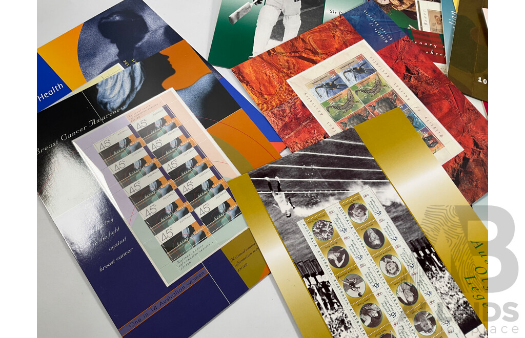 Collection of Australian Stamp Packs Including Children's TV, Sydney 2000, Gardens, Queens Birthday 2000, Australian Legends and More Face Value Approximately $175
