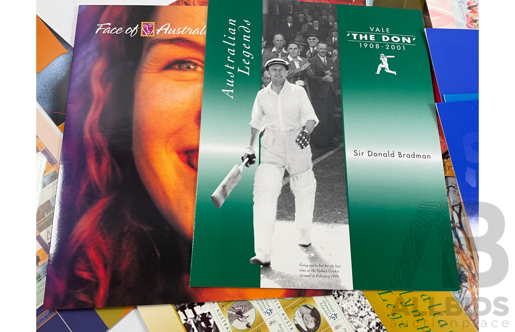 Collection of Australian Stamp Packs Including Children's TV, Sydney 2000, Gardens, Queens Birthday 2000, Australian Legends and More Face Value Approximately $175