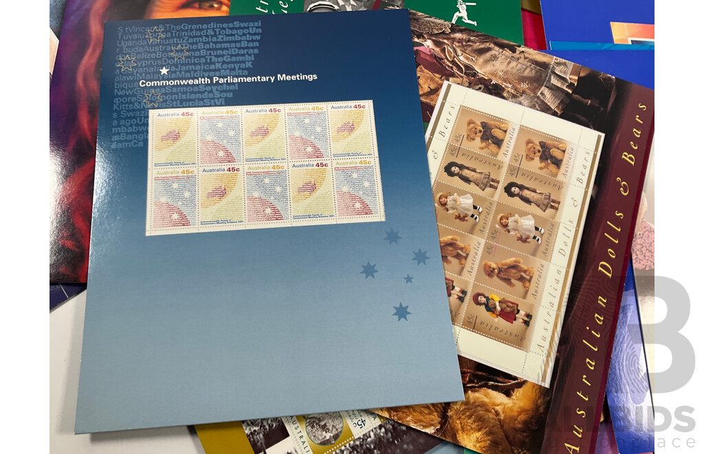 Collection of Australian Stamp Packs Including Children's TV, Sydney 2000, Gardens, Queens Birthday 2000, Australian Legends and More Face Value Approximately $175
