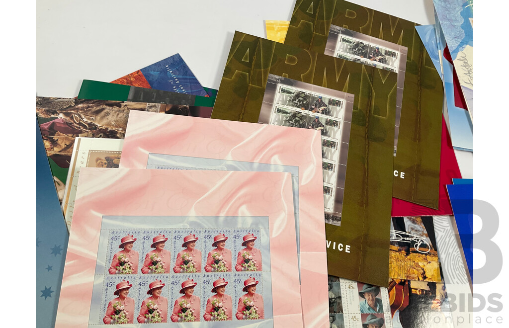 Collection of Australian Stamp Packs Including Children's TV, Sydney 2000, Gardens, Queens Birthday 2000, Australian Legends and More Face Value Approximately $175