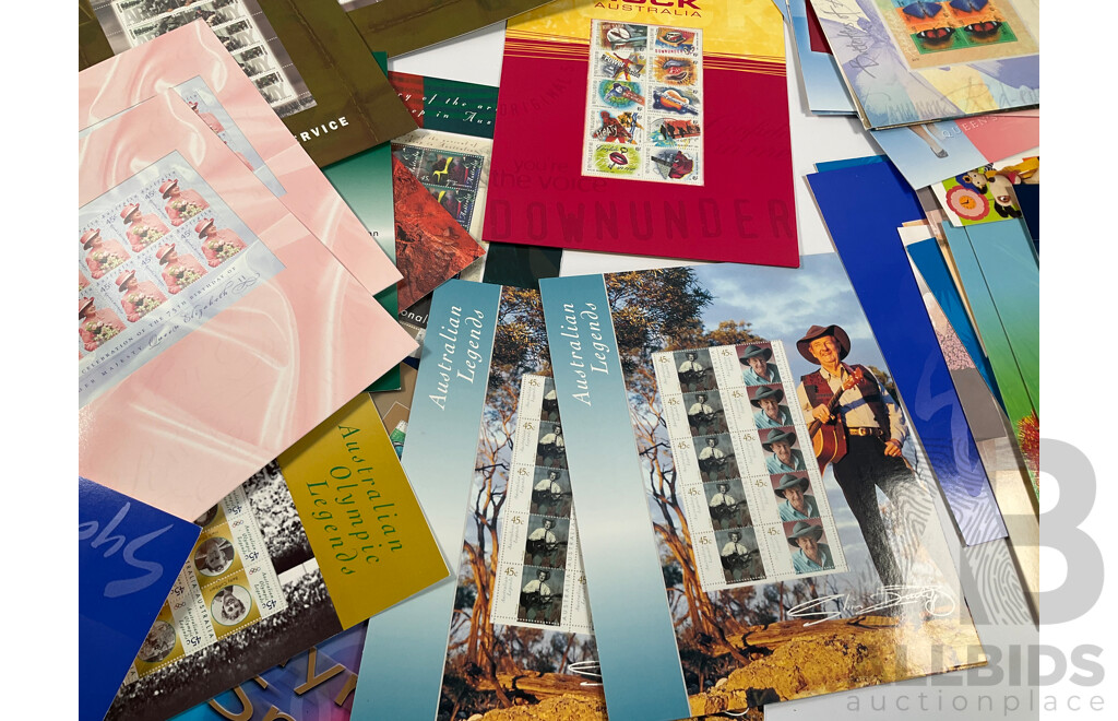 Collection of Australian Stamp Packs Including Children's TV, Sydney 2000, Gardens, Queens Birthday 2000, Australian Legends and More Face Value Approximately $175