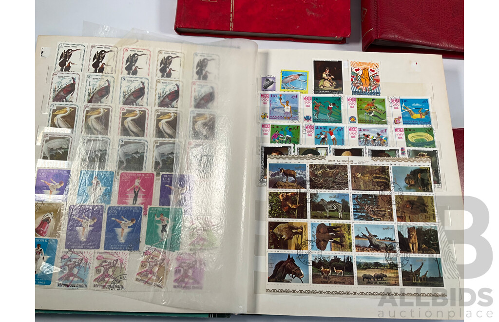 Four Albums of Vintage International Stamps Including Australia, Christmas Island, Haiti, Mexico, Umm Al Quwain, Volta, Niger, Seiyun, New Zealand Seven Seas Hingless Pages 1981 to 1987