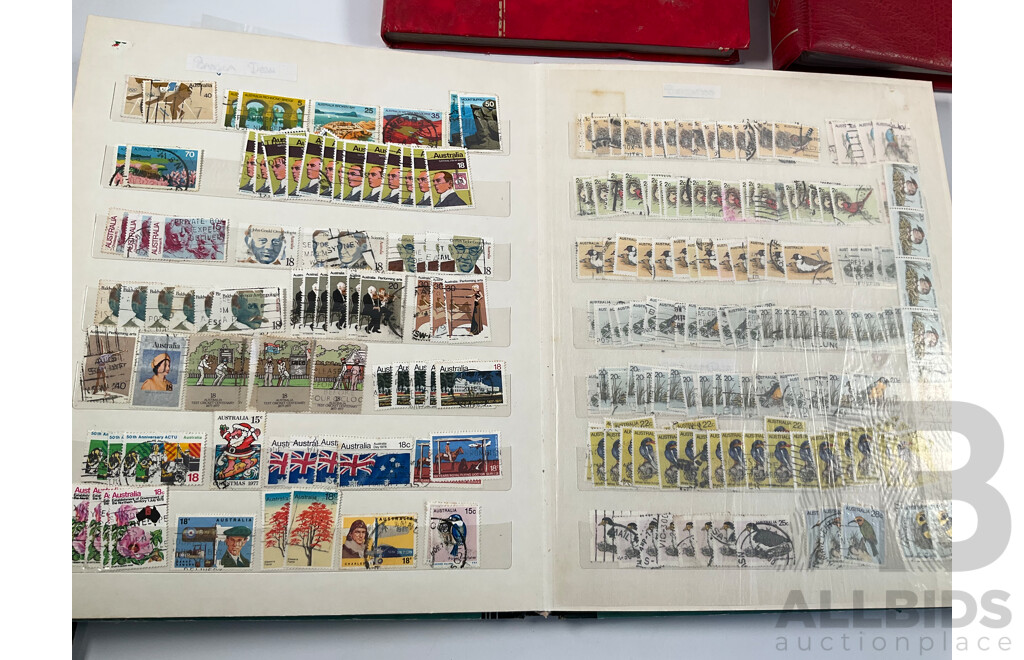 Four Albums of Vintage International Stamps Including Australia, Christmas Island, Haiti, Mexico, Umm Al Quwain, Volta, Niger, Seiyun, New Zealand Seven Seas Hingless Pages 1981 to 1987