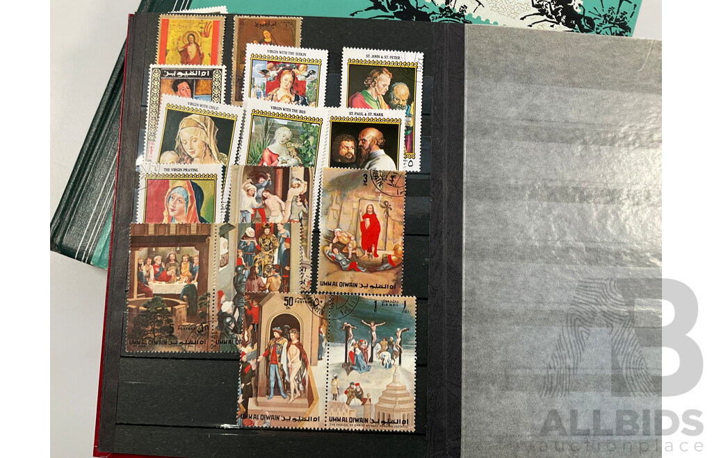 Four Albums of Vintage International Stamps Including Australia, Christmas Island, Haiti, Mexico, Umm Al Quwain, Volta, Niger, Seiyun, New Zealand Seven Seas Hingless Pages 1981 to 1987