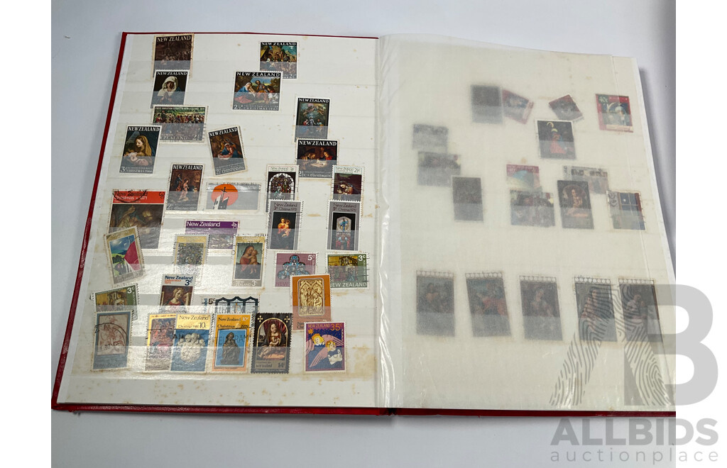 Four Albums of Vintage International Stamps Including Australia, Christmas Island, Haiti, Mexico, Umm Al Quwain, Volta, Niger, Seiyun, New Zealand Seven Seas Hingless Pages 1981 to 1987