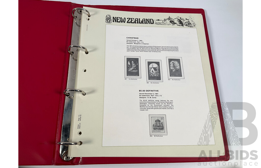 Four Albums of Vintage International Stamps Including Australia, Christmas Island, Haiti, Mexico, Umm Al Quwain, Volta, Niger, Seiyun, New Zealand Seven Seas Hingless Pages 1981 to 1987