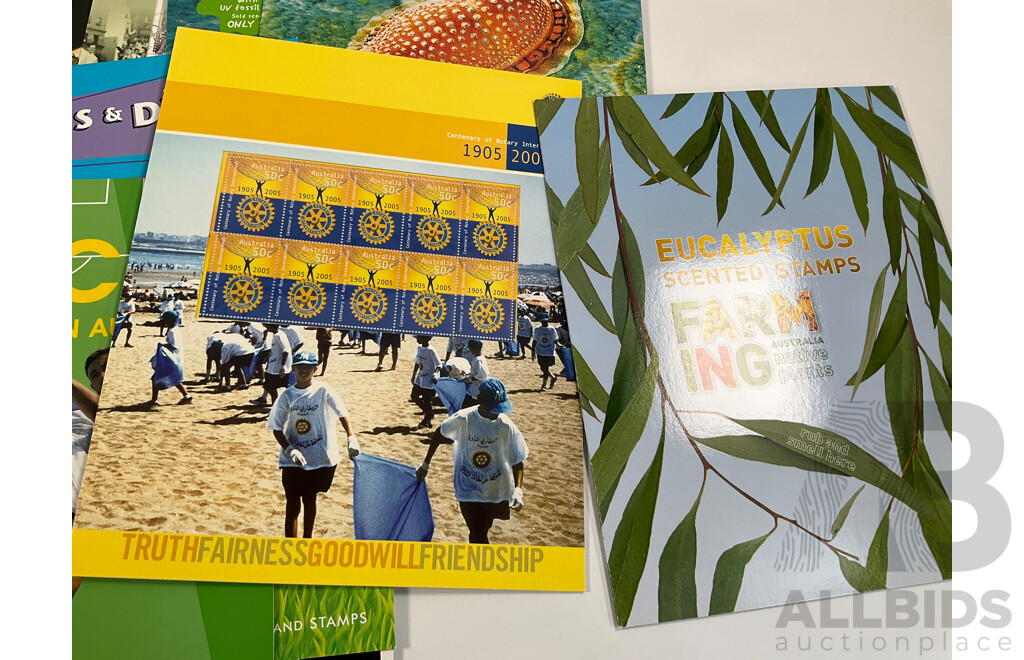 Collection of Australian Stamp Packs Including Soccer, Rock Posters, Joint Issues, 1954 Royal Jubilee Tour and More - Face Value Approximately $207