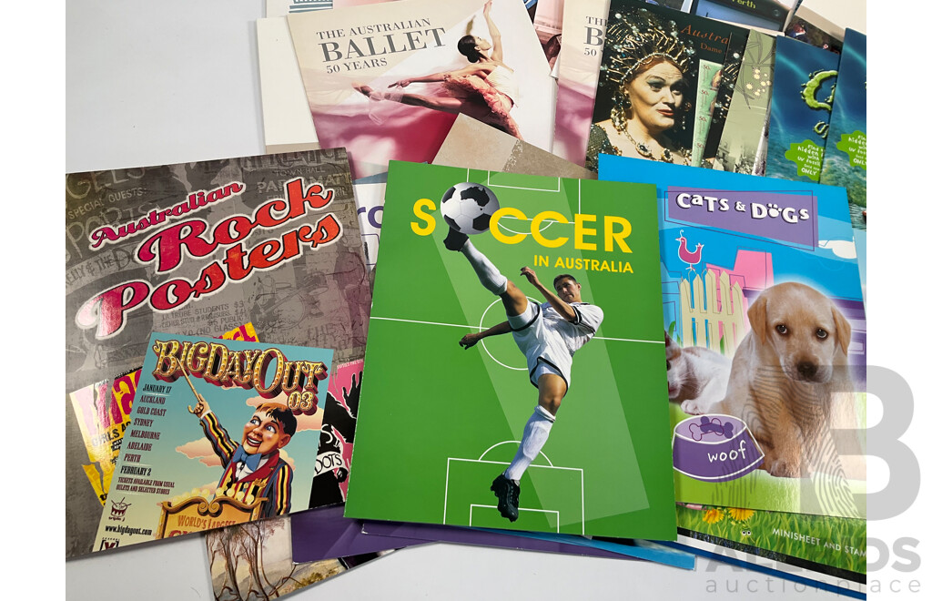 Collection of Australian Stamp Packs Including Soccer, Rock Posters, Joint Issues, 1954 Royal Jubilee Tour and More - Face Value Approximately $207