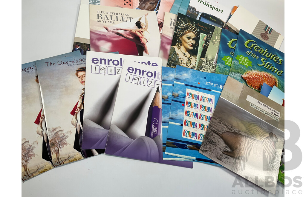 Collection of Australian Stamp Packs Including Soccer, Rock Posters, Joint Issues, 1954 Royal Jubilee Tour and More - Face Value Approximately $207