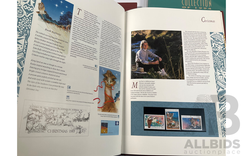Five Australian Annual Stamp Albums Including 1987, 1989, 1990, 1994, 1995 - Face Value $196