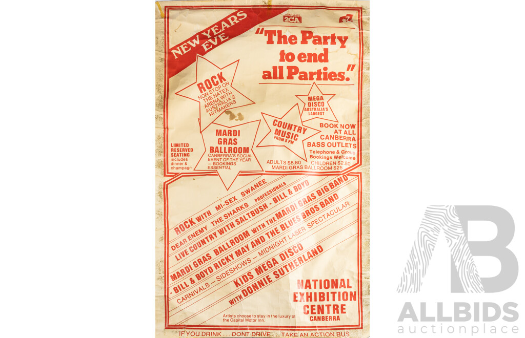 Vintage New Year's Eve 1984 'The Party to End All Parties' Gig Poster, 147H x 94W cm