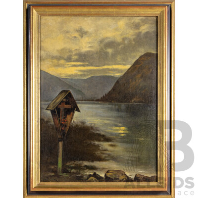 D.Hoek (20th Century), Votive Shrine by Water, Original Vintage Oil on Canvas, 81H x 62W cm (frame)