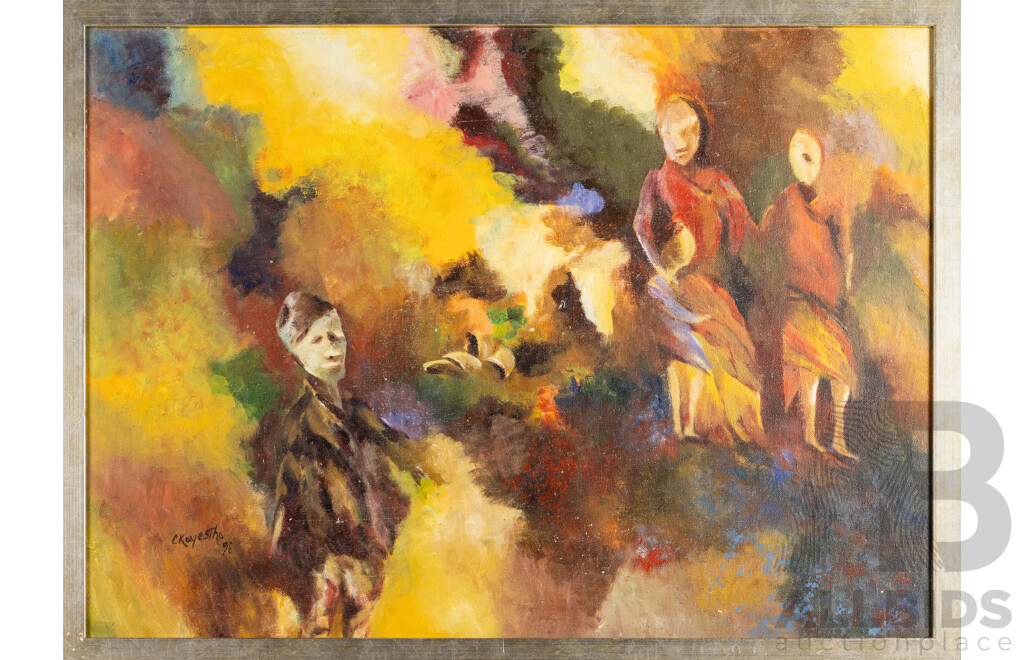 C.Kayestha (20th Century, Active c1990s), The Meeting (1996), Original Oil on Canvas Board, 67H x 91W cm (frame)