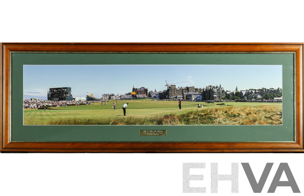 One & Two on Sunday, Commemorative 129th Open Championship Panoramic Photograph (2000), 116H x 42W cm (frame)