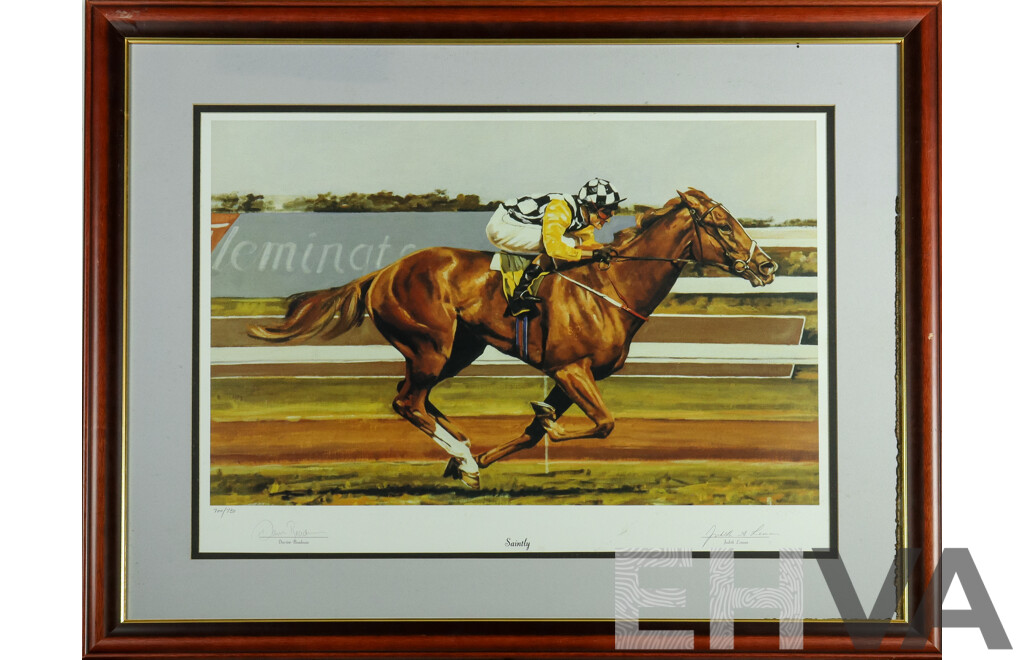 Judith Leman (20th Century, Australian), Limited Edition Signed 'Saintly' Horse Racing Lithograph, 82H x 101W cm (frame)
