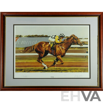 Judith Leman (20th Century, Australian), Limited Edition Signed 'Saintly'  Horse Racing Lithograph, 82H x 101W cm (frame)