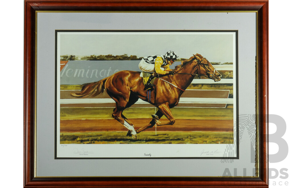 Judith Leman (20th Century, Australian), Limited Edition Signed 'Saintly' Horse Racing Lithograph, 82H x 101W cm (frame)