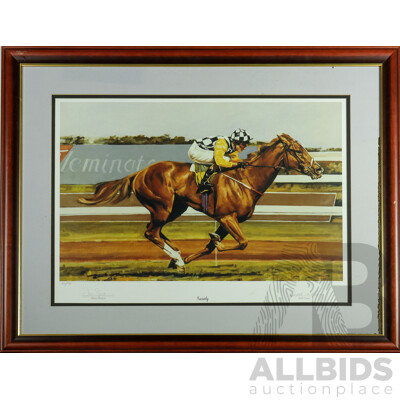 Judith Leman (20th Century, Australian), Limited Edition Signed 'Saintly'  Horse Racing Lithograph, 82H x 101W cm (frame)