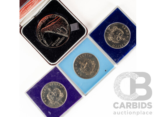 Two Western Samoa 1977 One Dollar Coins, Charles Lindbergh USA Europe Flight, 1978 One Dollar, Kingsford Smith Pacific Flight, Pontypridd 2006 Anniversary Medal