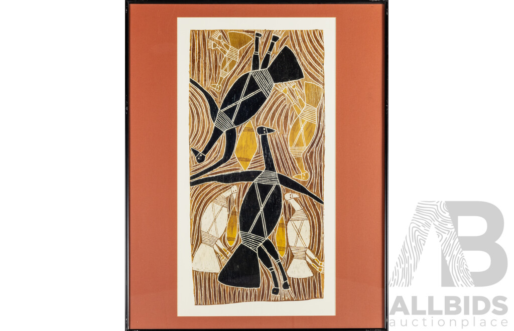 Nhulmarmar (20th Century, Indigenous-Australian, 1911-1977), Gurramatji Ceremony (1968), Reproduction Poster Print After Original Pigments on Bark, 93H x 74W cm (frame)