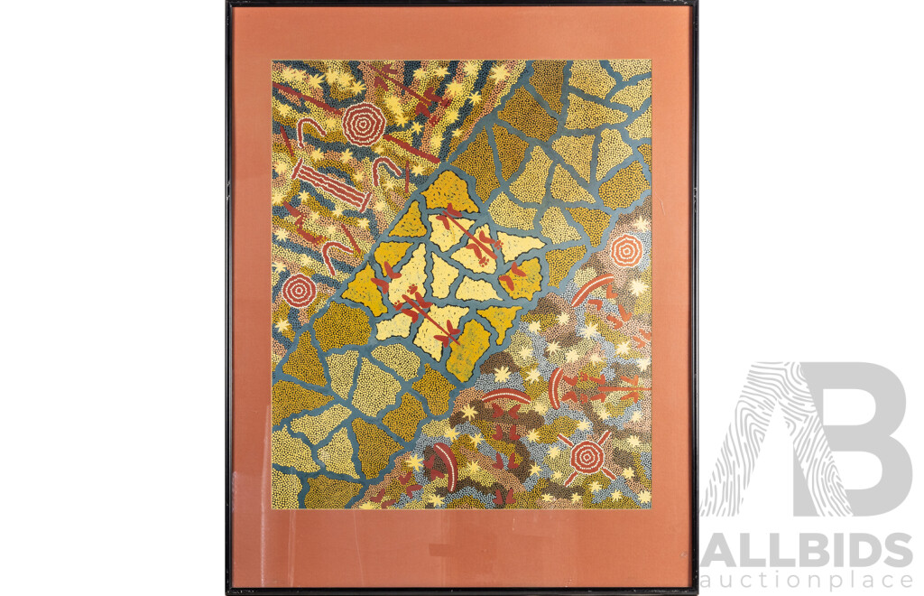 Clifford Possom Tjapaltjarri (20th Century, Indigenous-Australian, c.1932-2002), Kangaroo Dreaming (1990), Vintage Reproduction Exhibition Poster After Original, 93H x 74W cm (frame)
