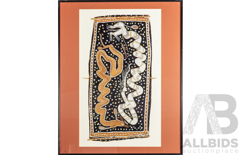 Paddy [Fordham] Wainburranga (20th Century, Indigenous-Australian, 1941-2006),, Rainbow Serpents (1989), Nice Vintage Colour Print After Original Earth Pigments on Bark (1990), 94H x 74W cm (frame)