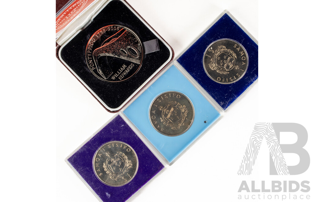 Two Western Samoa 1977 One Dollar Coins, Charles Lindbergh USA Europe Flight, 1978 One Dollar, Kingsford Smith Pacific Flight, Pontypridd 2006 Anniversary Medal