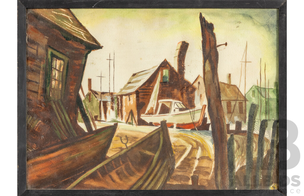 FS, (20th Century), Fishing Village, Original Vintage Watercolour on Card, 35H x 48W cm (frame)