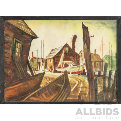 FS, (20th Century), Fishing Village, Original Vintage Watercolour on Card, 35H x 48W cm (frame)