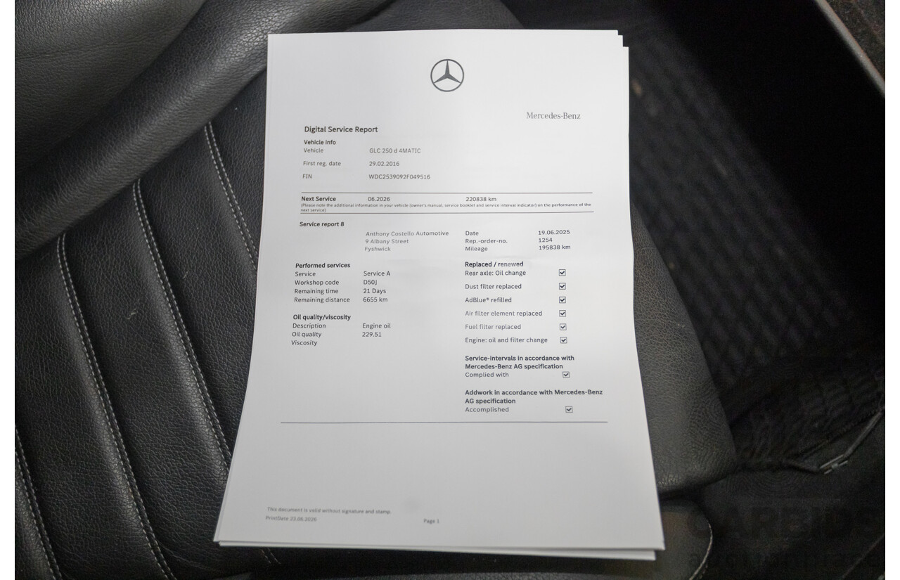 12/2015 Mercedes-Benz GLC 250d (AWD) 253 4D Wagon Polar White Turbo Diesel 2.1L