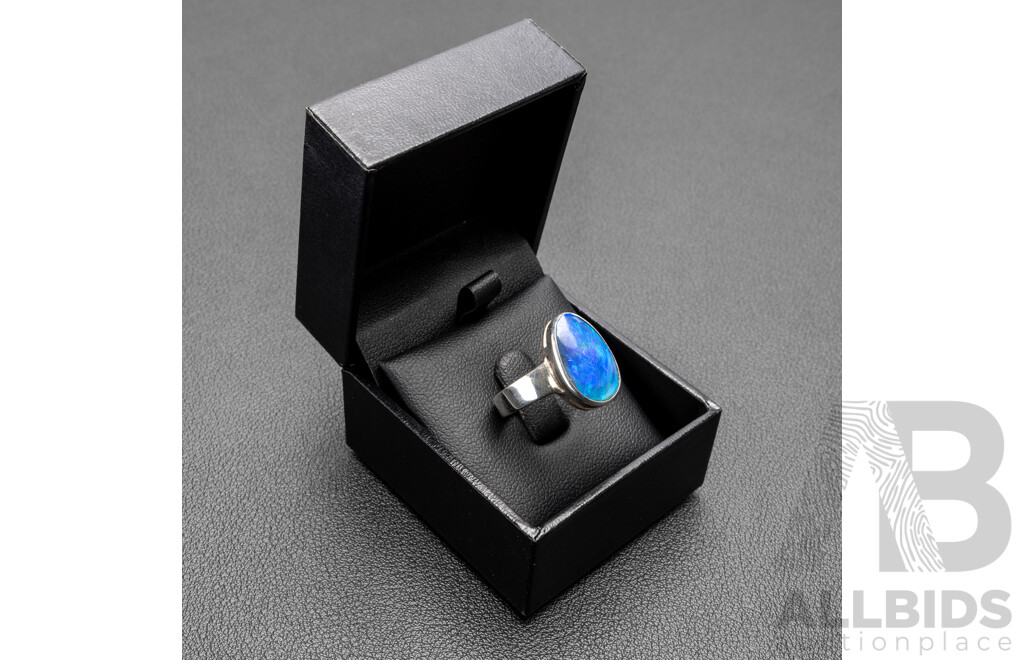 925 Sterling Silver & Lightning Ridge Opal Ring - Size S