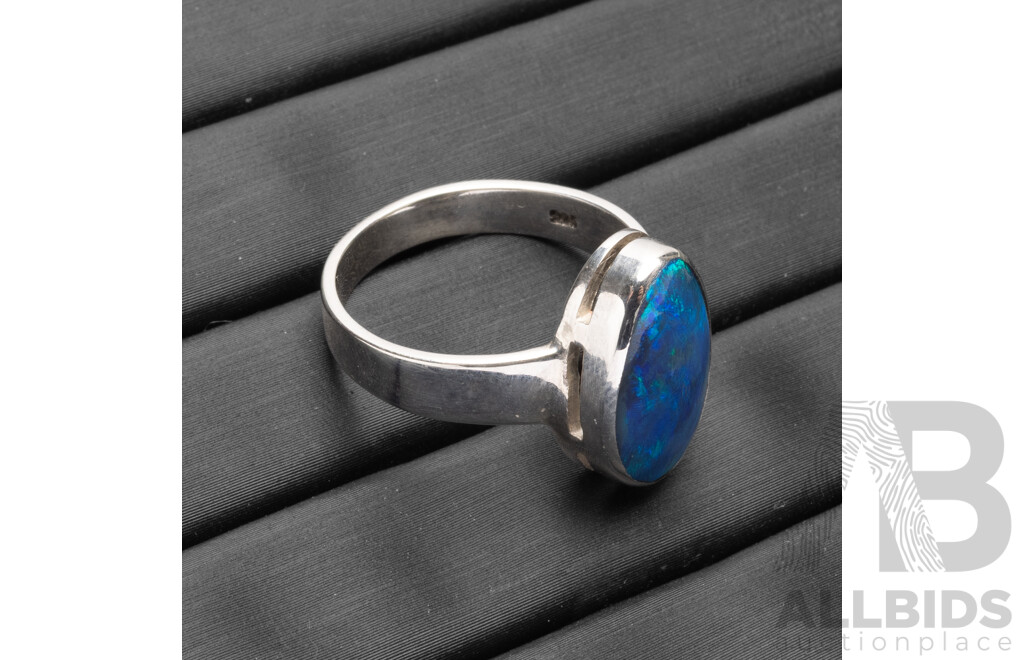 925 Sterling Silver & Lightning Ridge Opal Ring - Size S